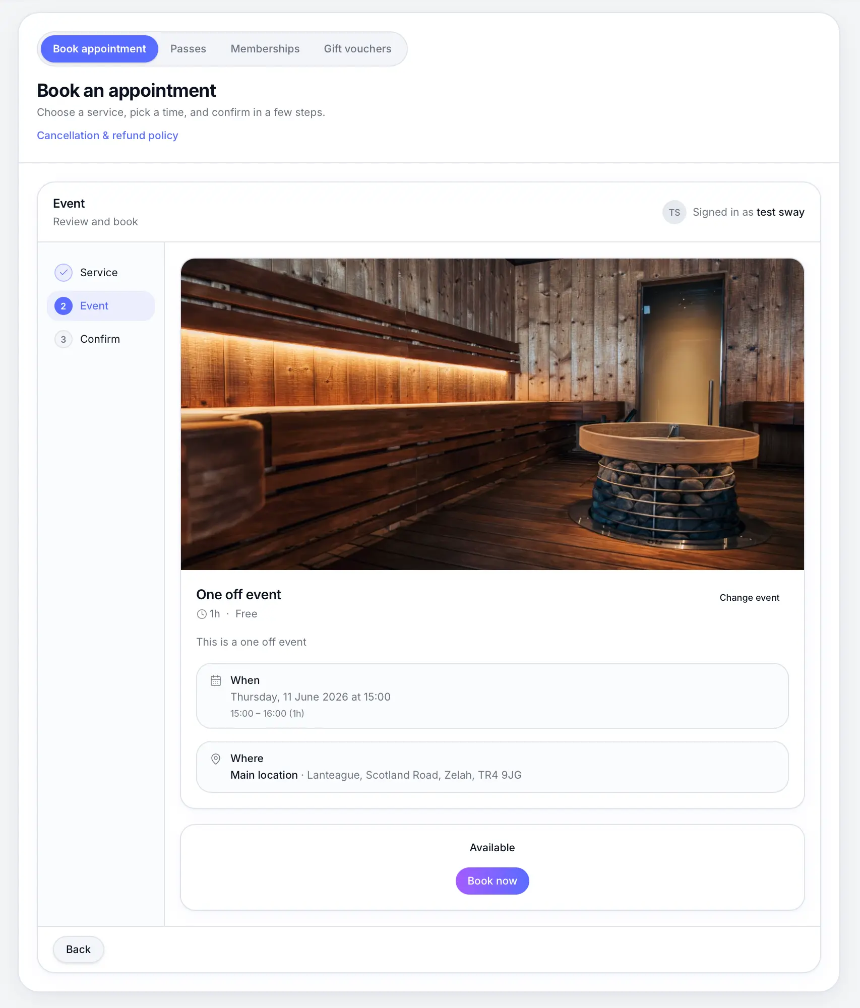 Customer view of a one-off event on booking page