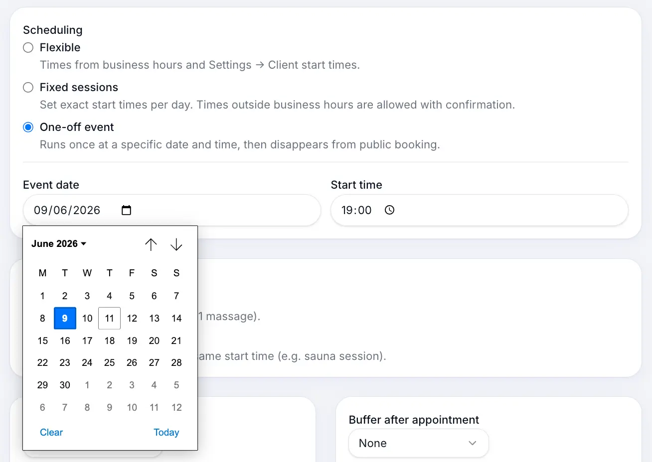 One-off event date and start time fields