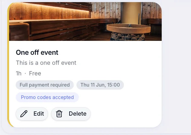 Published one-off event on the services list with event date badge