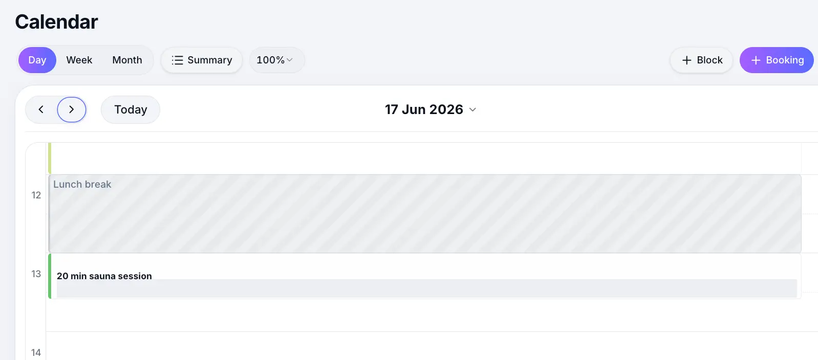 Booking on calendar showing service time and buffer period