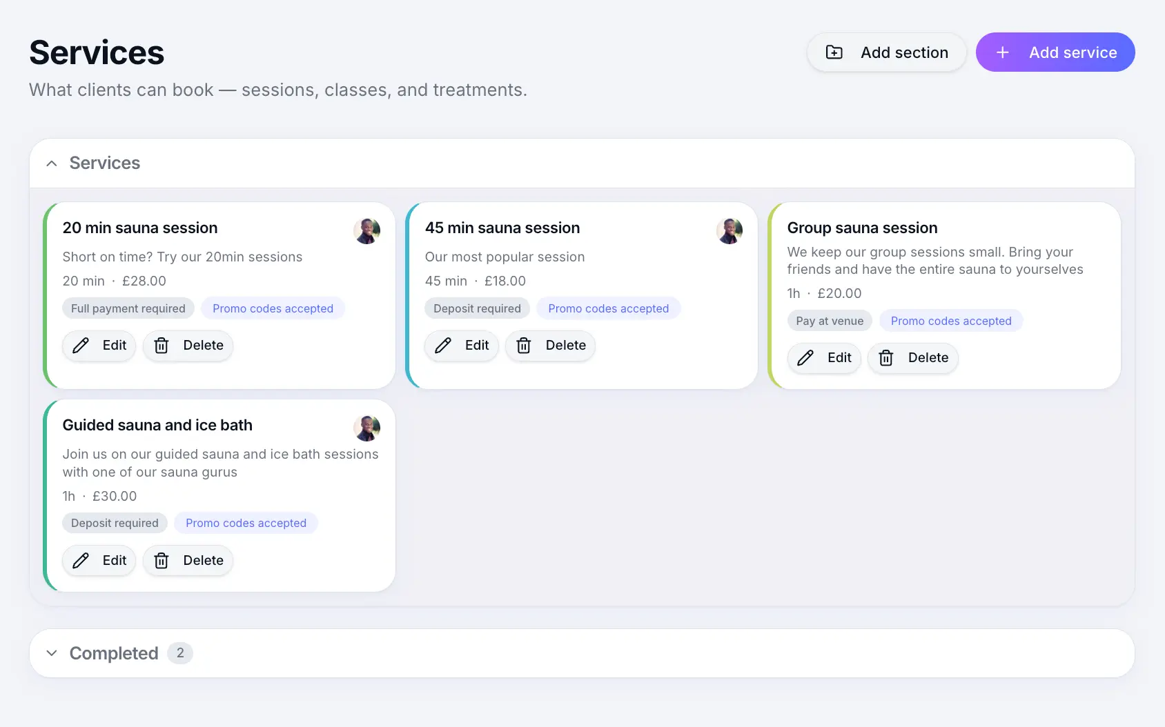 Services list with published services