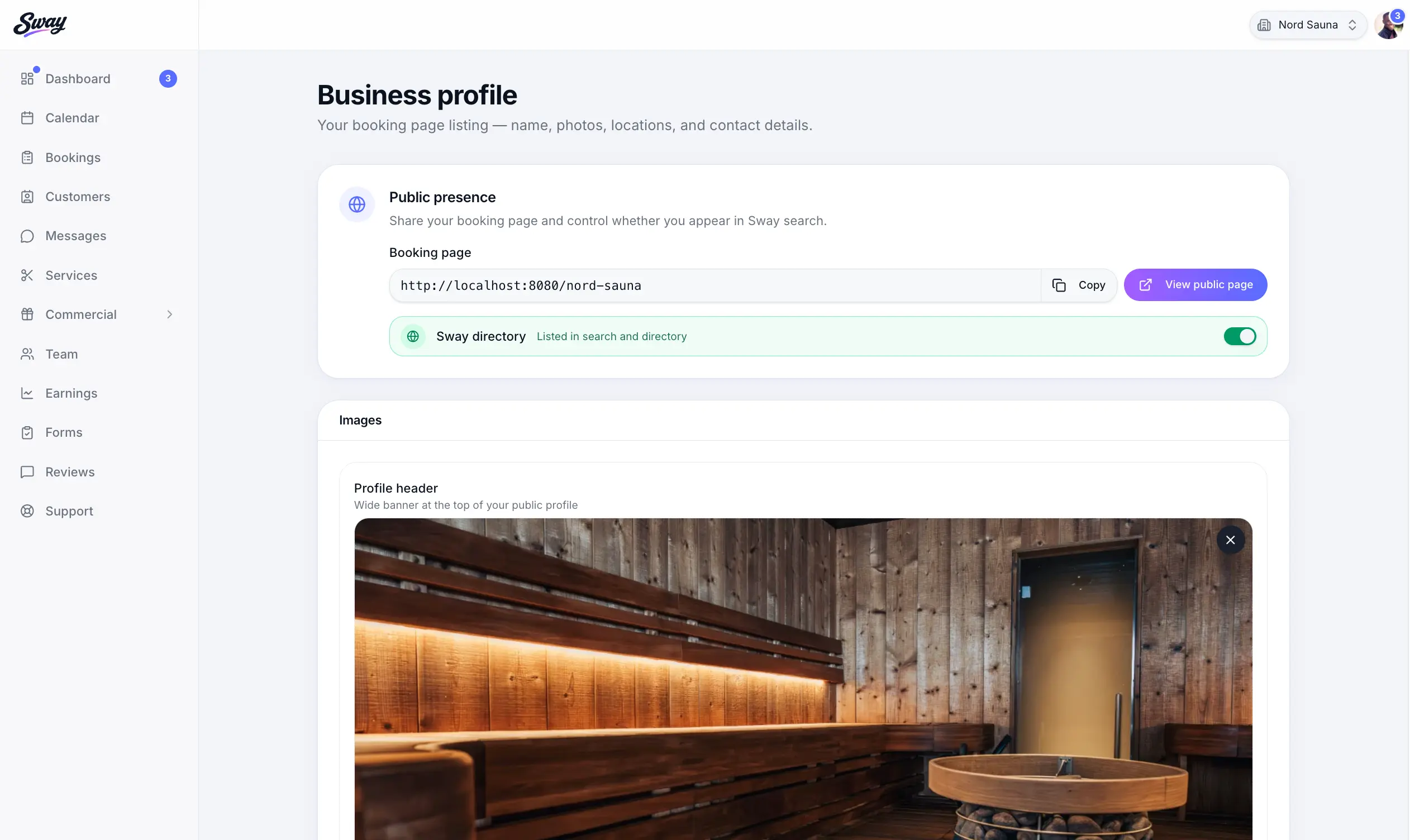 Business profile settings page