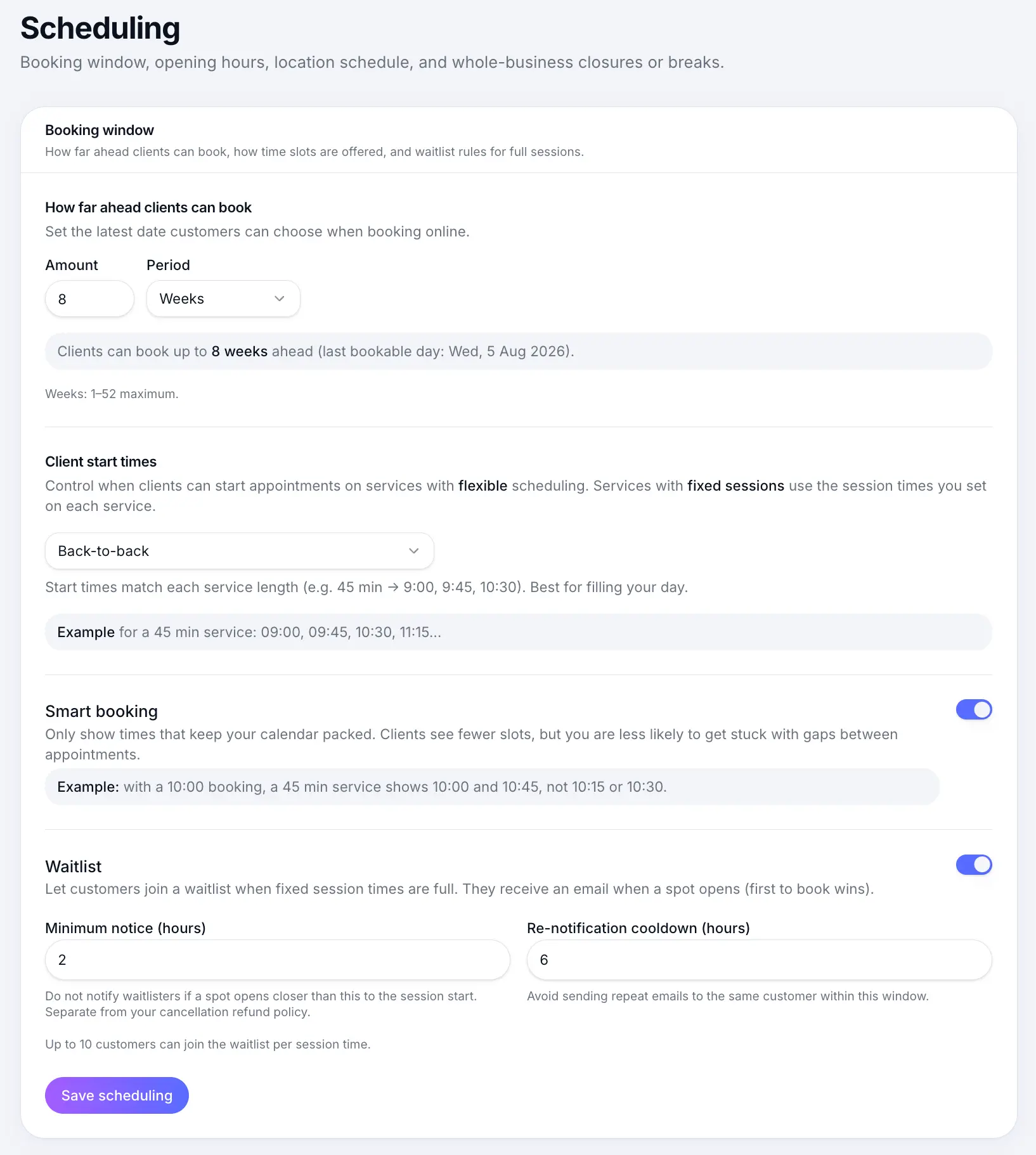 Scheduling settings overview