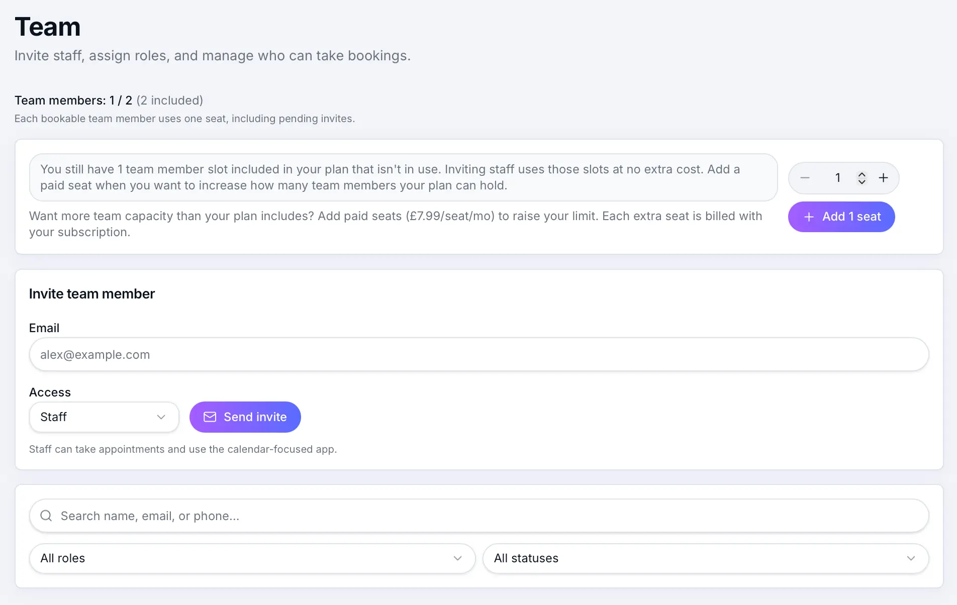 Staff add-on seats section on the Billing page