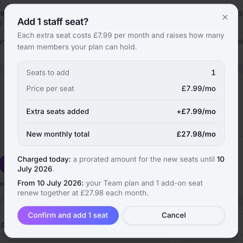 Add team seats control on Billing page