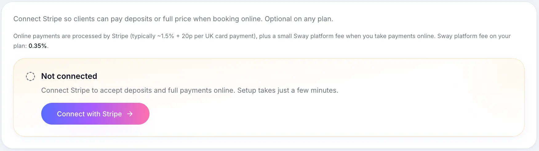 Payments settings with Stripe Connect section