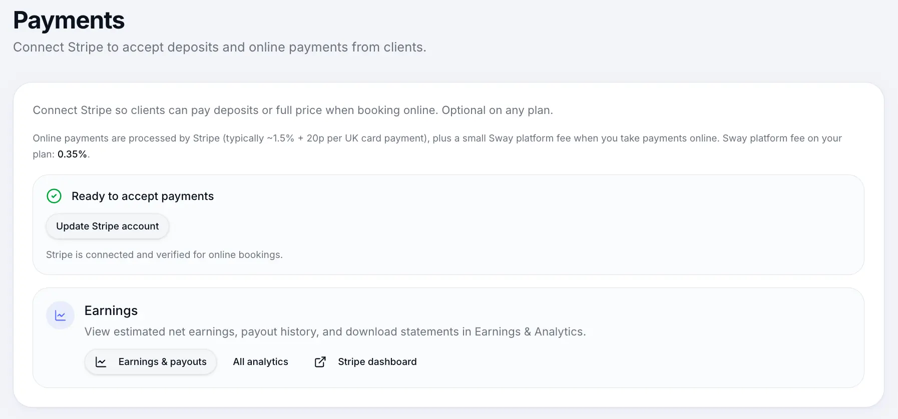 Payments settings showing Stripe Connect active and ready