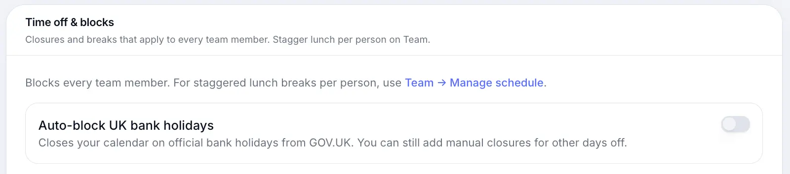 Auto-block UK bank holidays toggle in Scheduling settings