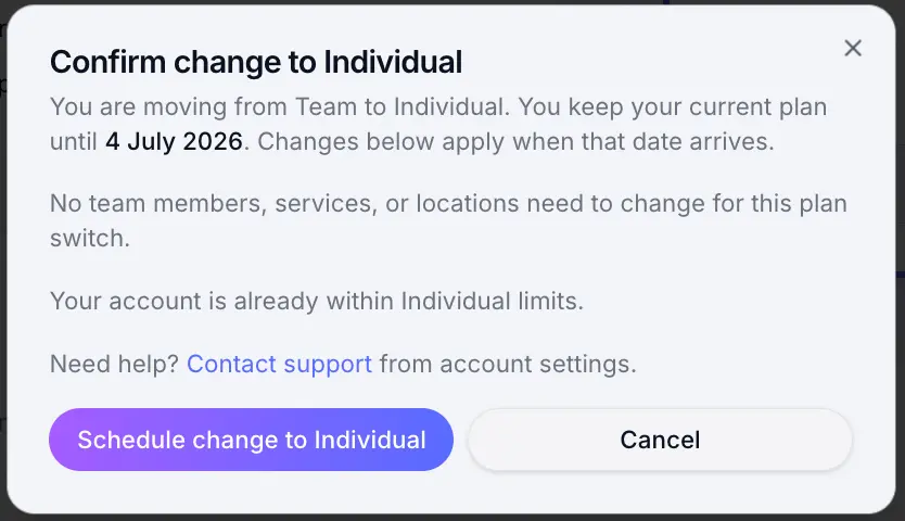 Downgrade impact confirmation dialog