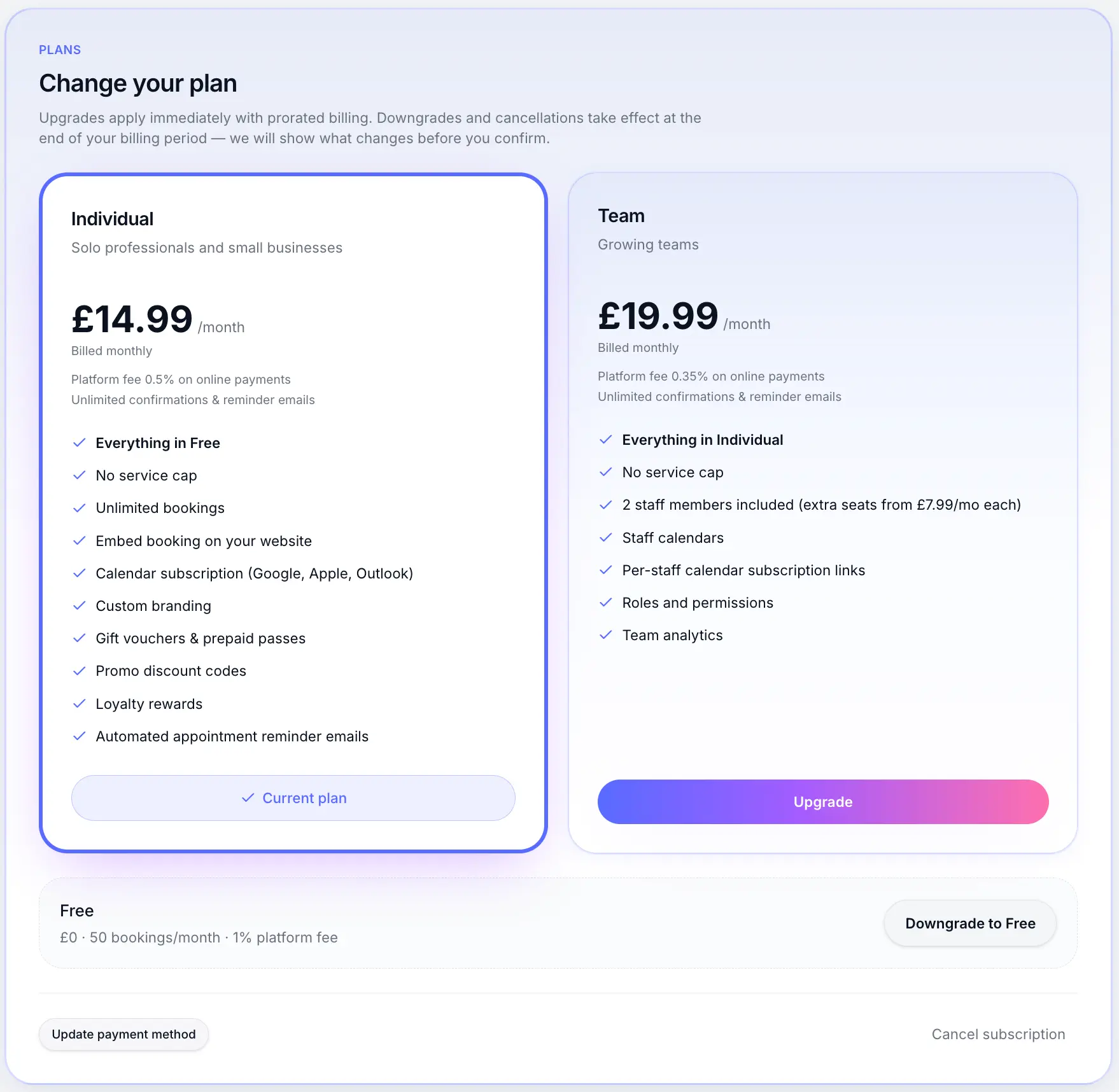 Upgrade button on a plan card