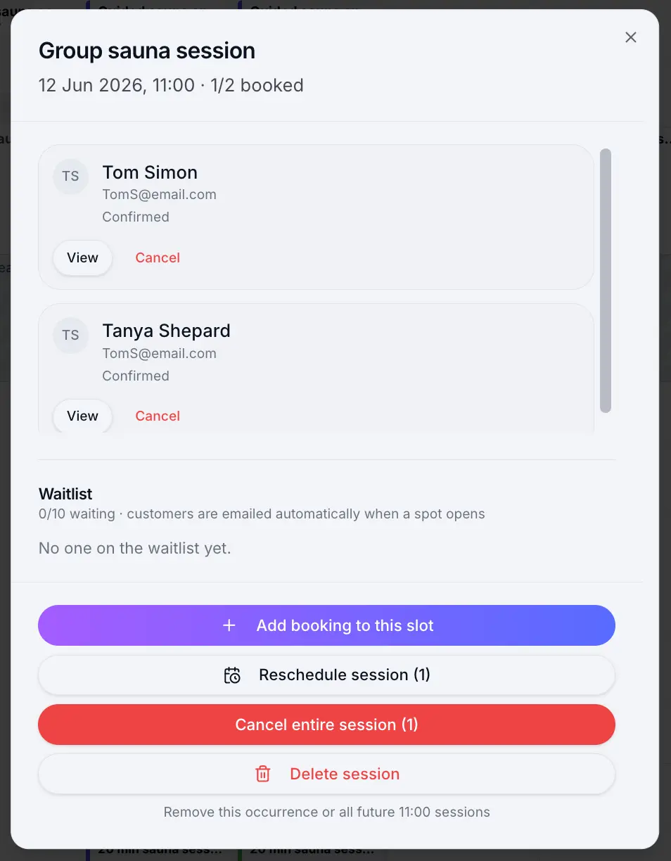 Calendar group dialog with waitlist entries