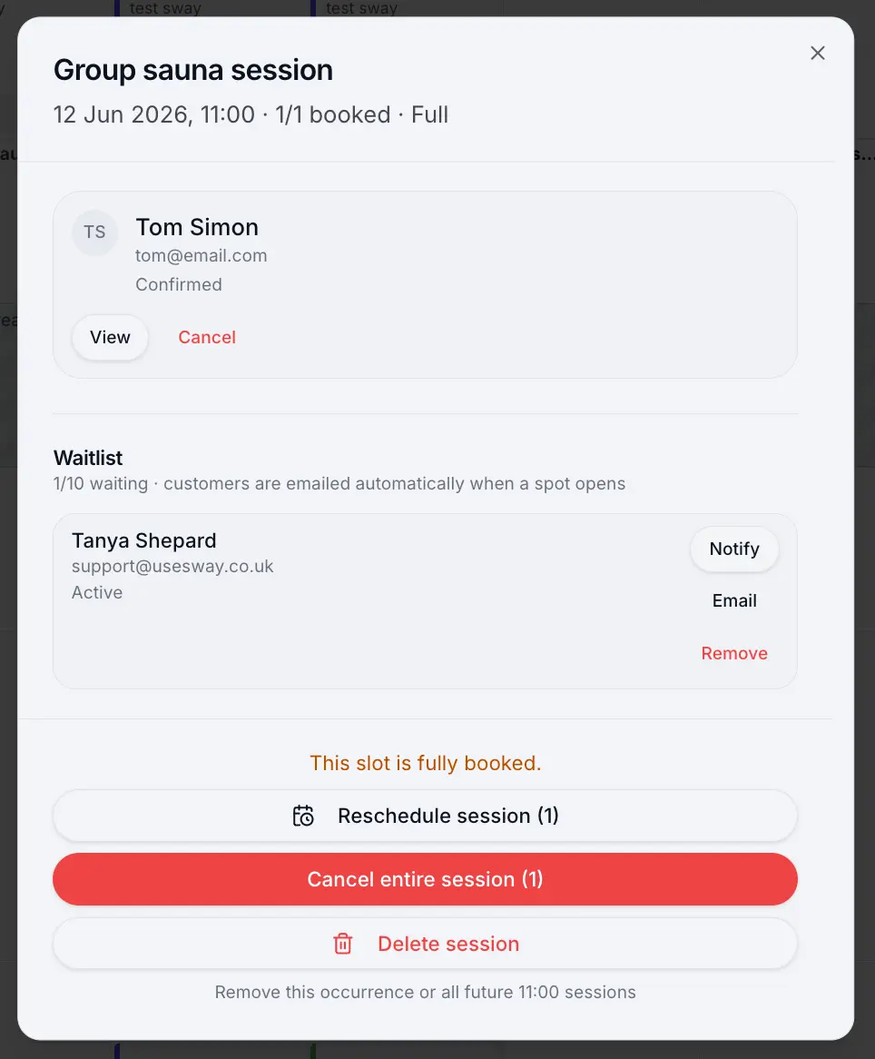 Waitlist section with notify and remove actions