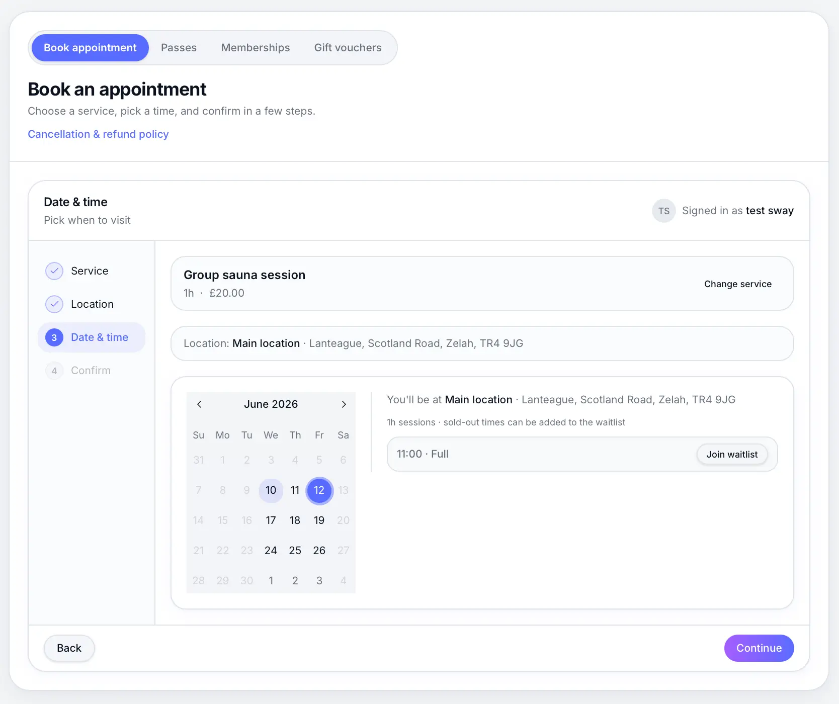 Full session with Join waitlist button on booking page