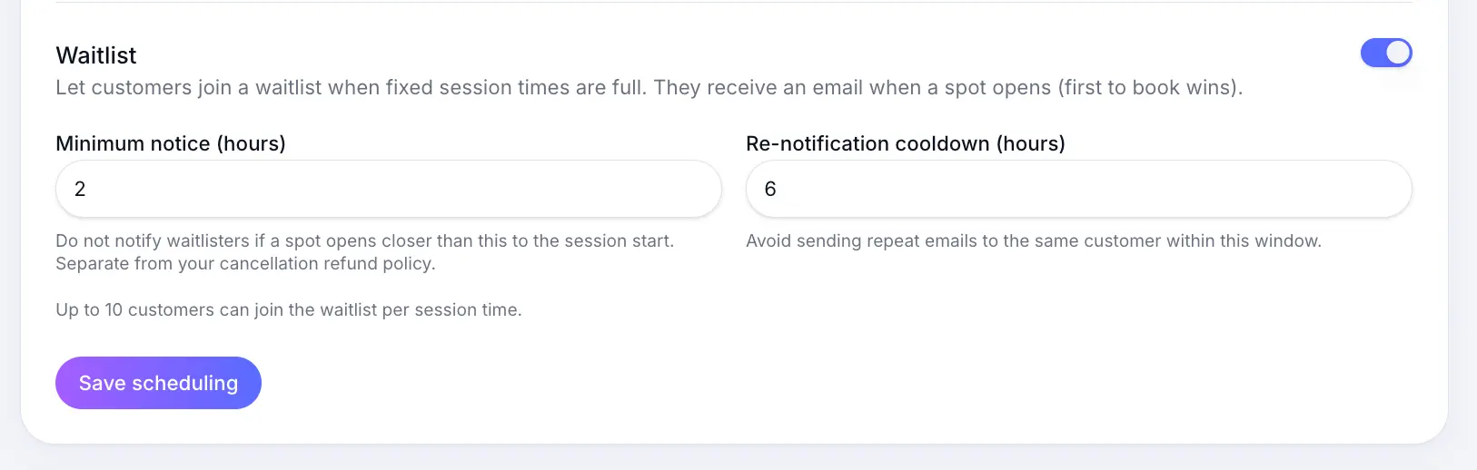 Waitlist timing fields in Scheduling settings