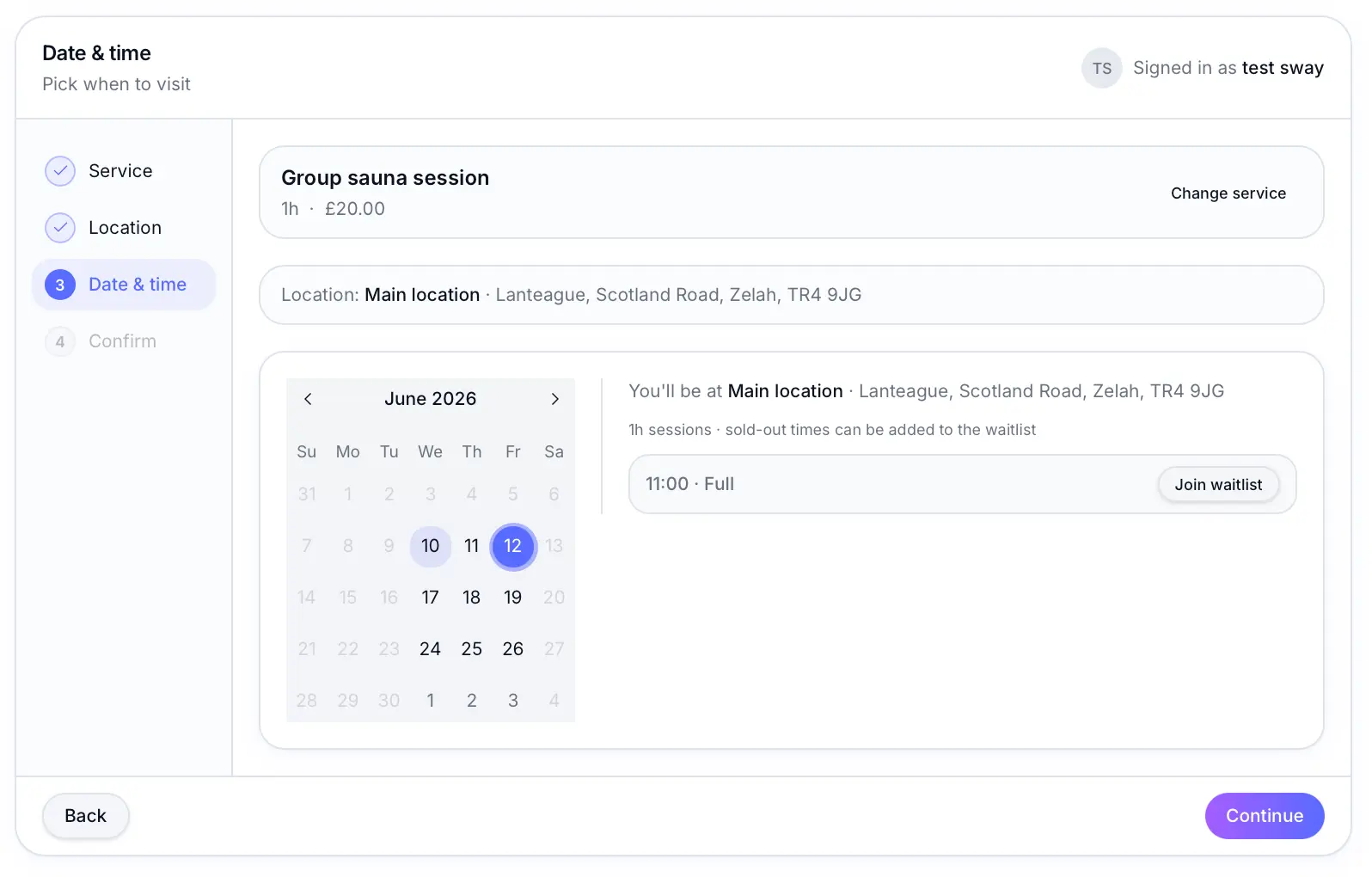 Join waitlist button on a full session on the booking page