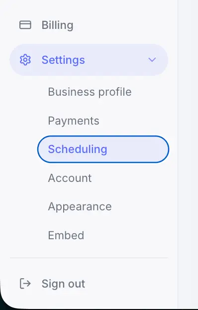 Business sidebar navigation to Scheduling settings
