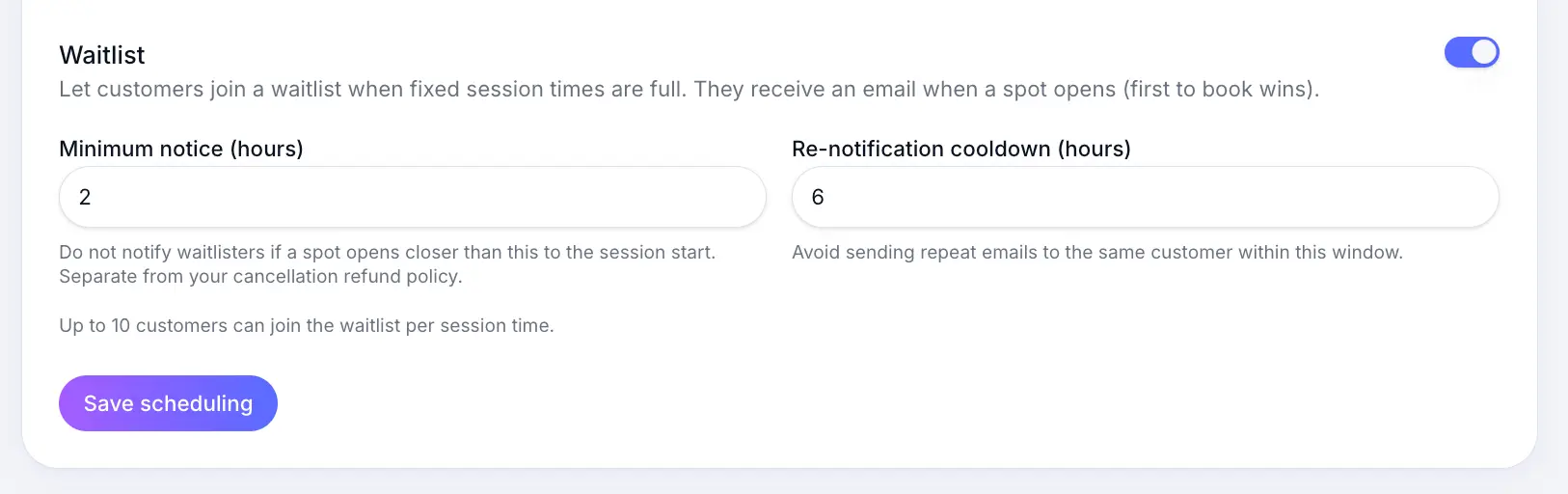 Scheduling settings page in Sway business settings