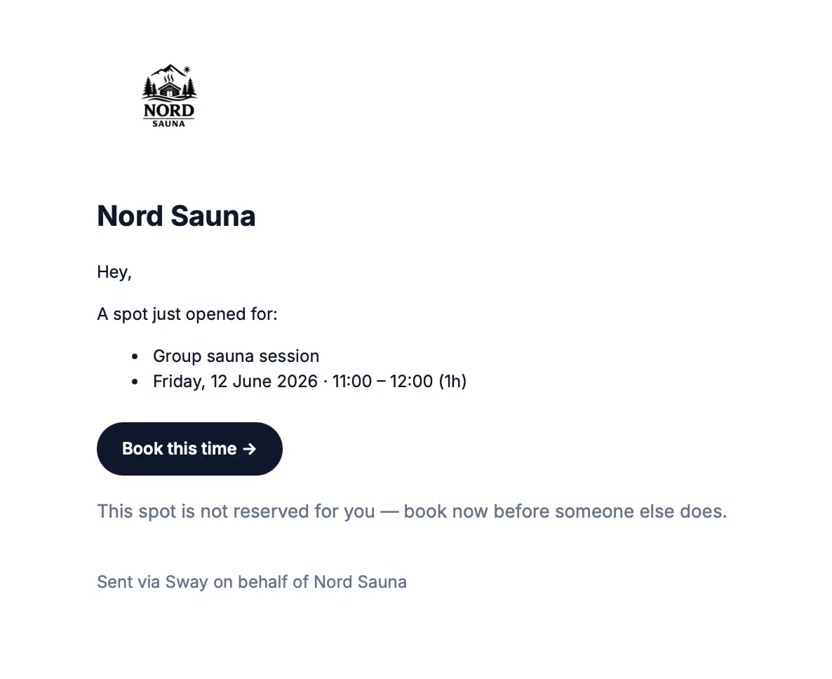 Email notifying a customer that a waitlisted session spot is available