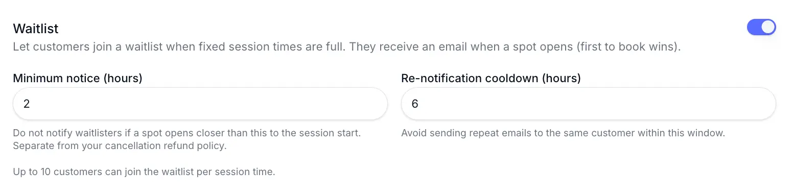 Waitlist toggle enabled in Scheduling settings