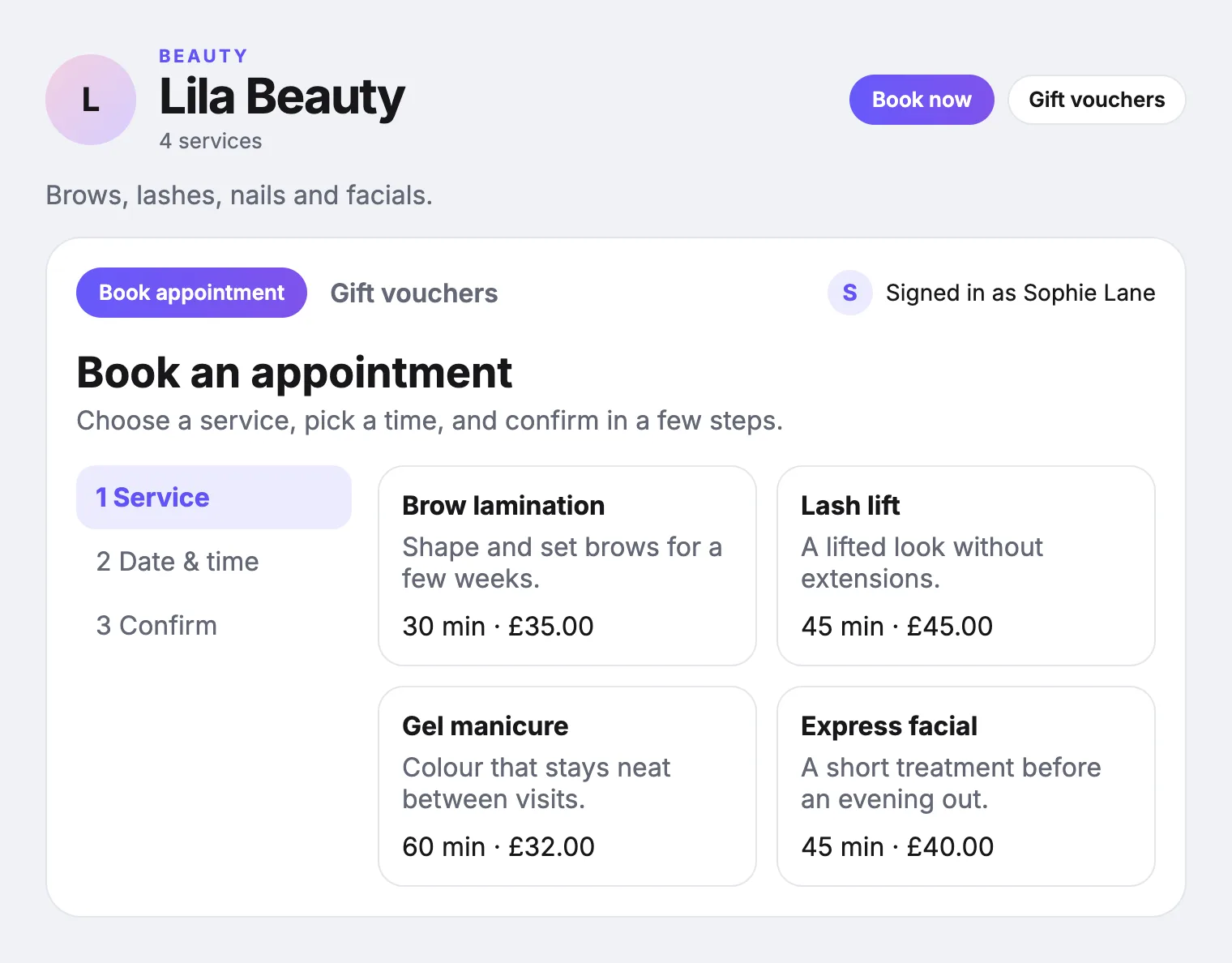Lila Beauty booking page with brow, lash, manicure and facial services
